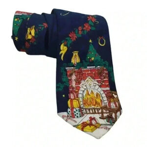 Vintage Ugly Christmas Eve Neck Tie Night Before Xmas Fireplace Tree Necktie